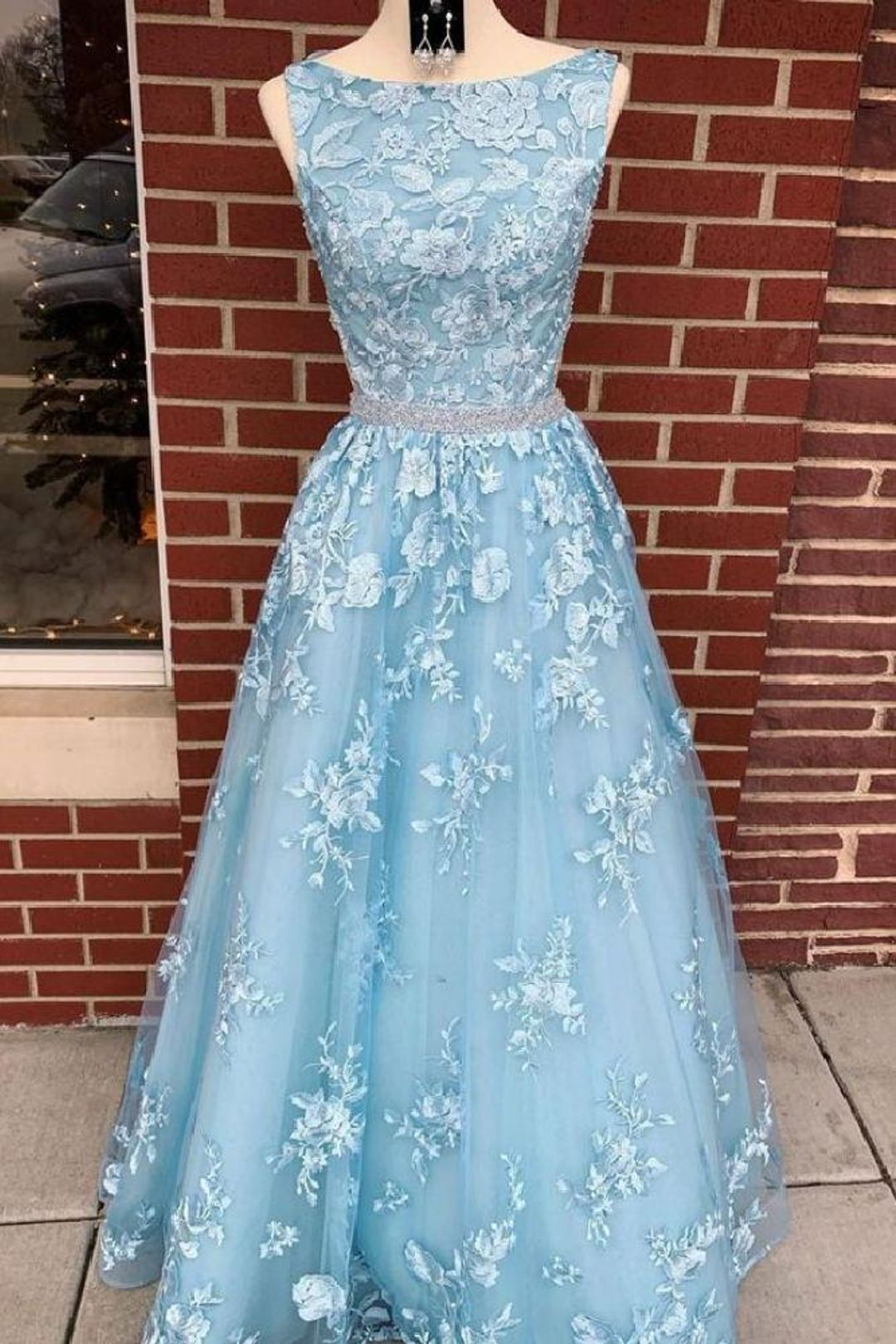 LTP1317,Light blue applique lace prom dresses long evening dress