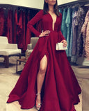LTP0300,Red Long Sleeves Prom Dresses Deep V-Neck Evening Dresses With High Split