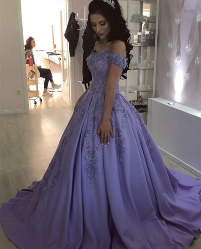 LTP0641,Lilac off the shoulder ball gown applique prom dress
