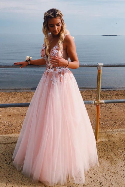 LTP0132,Princess pink tulle v neck applique prom evening dress