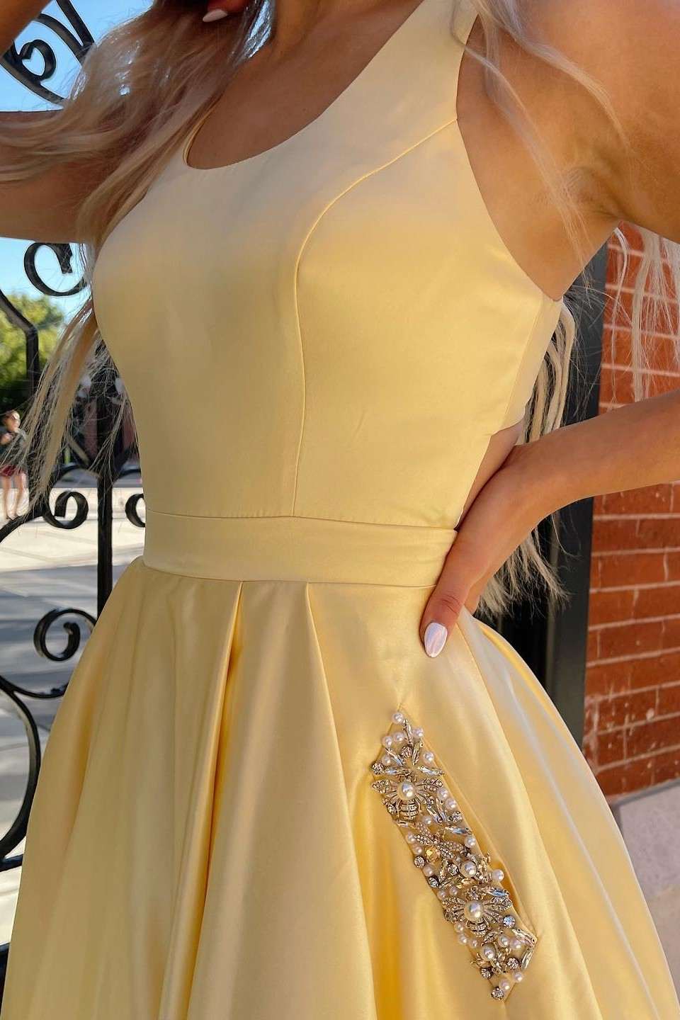 LTP1597,Yellow Cutout Back A-Line Formal Dress with Rhinestones Evening Gown