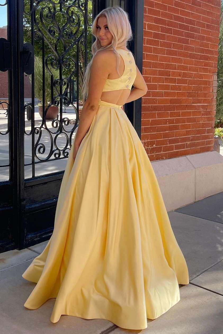 LTP1597,Yellow Cutout Back A-Line Formal Dress with Rhinestones Evening Gown