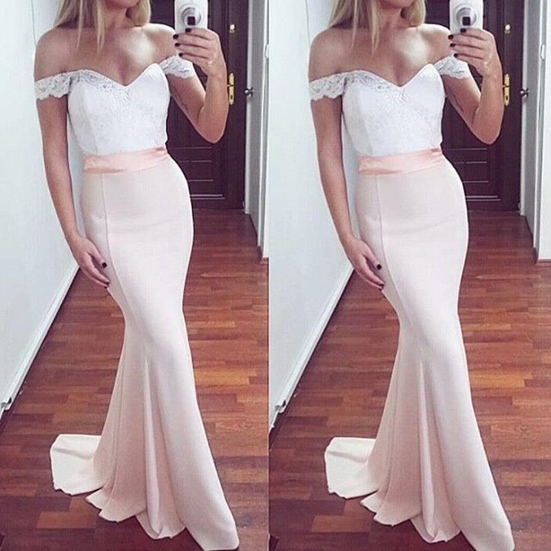 LTP0366,Light pink white mermaid long prom dresses lace off the shoulder prom dress