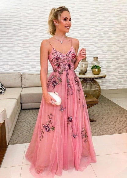 LTP1347,Pink Embroidery A Line Spaghetti Straps Tulle Long Floral Appliques Prom Dresses