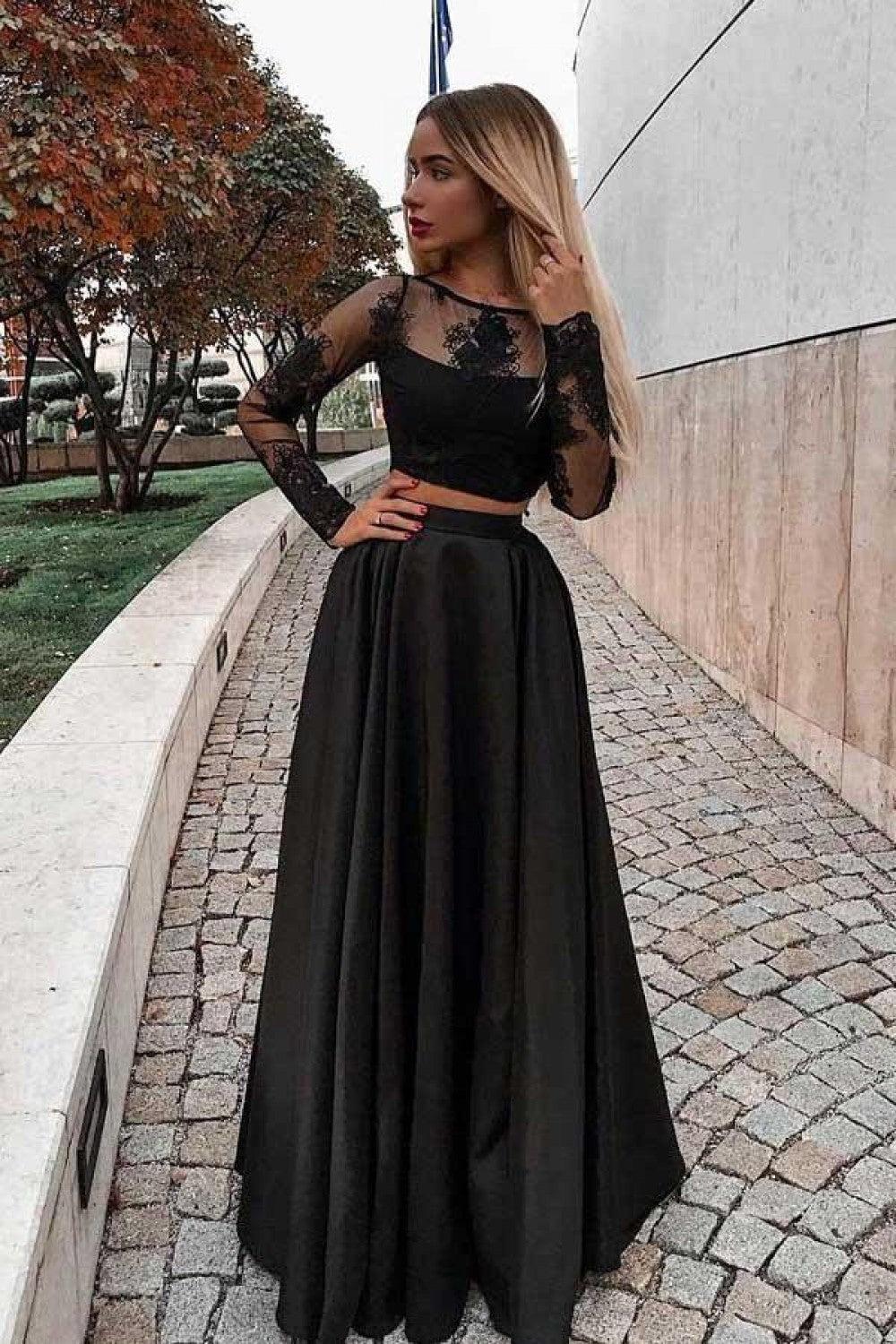 LTP0082,Two piece black lace top long sleeves a-line prom evening dresses party gown