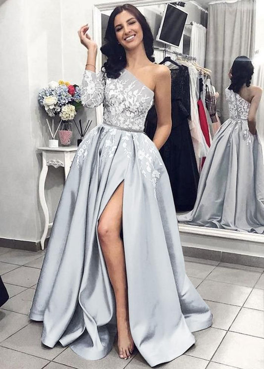 LTP0652,One shoulder satin applique long prom dresses a-line evening party gown