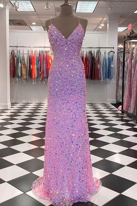 LTP1316,Sparkly Pink Mermaid Sequins Spaghetti Straps Prom Dresses,Long Formal Gown