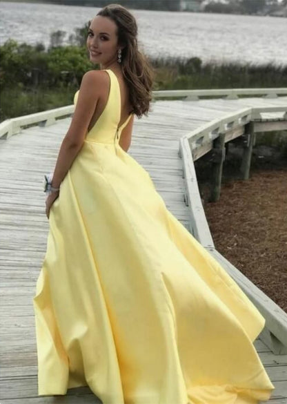 LTP0565,V-neck A-line Yellow Satin Long Prom Dresses Zipper Back Party Dresses