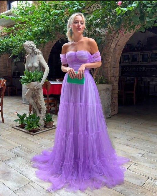 LTP1205,Off the shoulder purple evening prom dresses,pleated a-line prom dresses