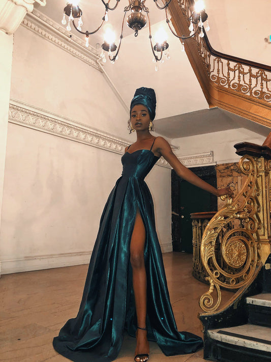 LTP0125, Discount Spaghetti straps long dark green prom dresses, satin A-line evening prom dress