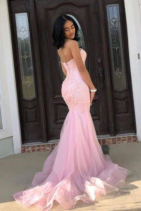 LTP09420,Romantic Pink Sweetheart Sleeveless Lace Mermaid Prom Dresses with Train