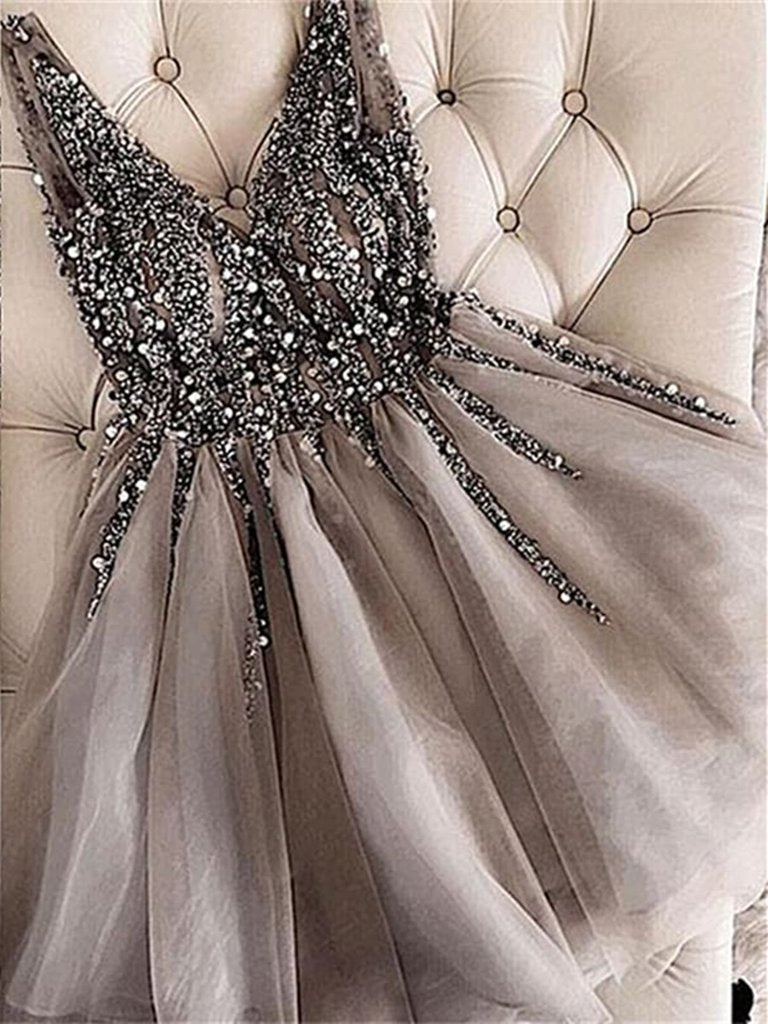 LTP0520,V-Neck Organza Beaded Homecoming Dresses Mini Prom Dress