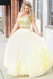 LTP0789,Lace Top Elegant Lace Appliques Two Piece Yellow Long Prom Dress