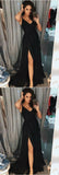 LTP0215,A-Line Black Long Prom Dress Satin V-neck Evening Party Dresses