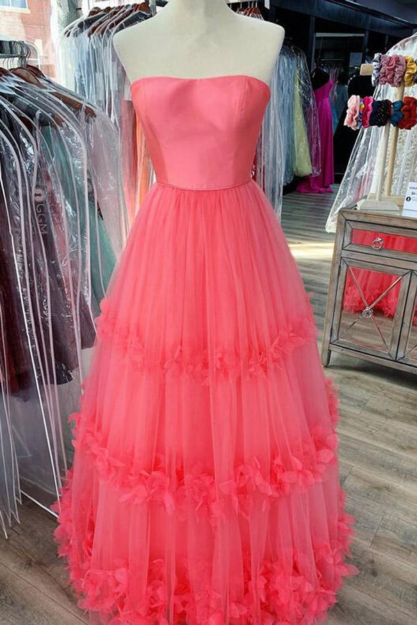LTP1385,A Line Tulle Prom Dresses Strapless Evening Dress