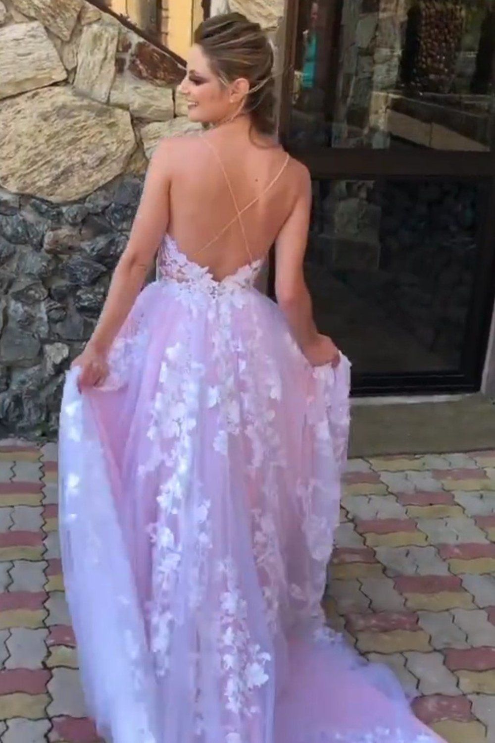 LTP1034,Gorgeous V Neck Backless Lace Floral Lilac Long Prom Dress, Formal Evening Dress,Floral A Line Long Wedding Dress