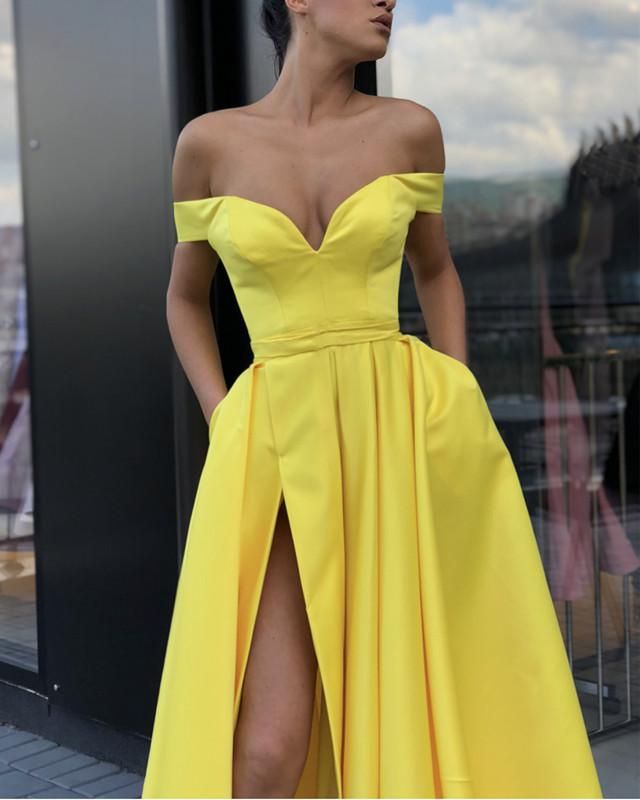 LTP0399,Yellow off the shoulder a line satin prom dress long prom evening gowns discount dresses