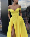LTP0399,Yellow off the shoulder a line satin prom dress long prom evening gowns discount dresses