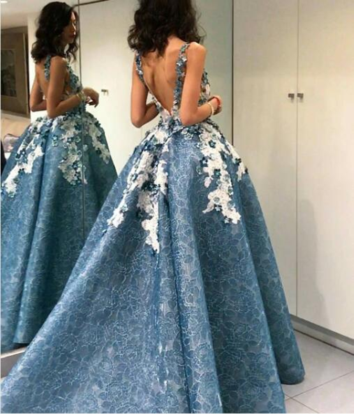 LTP1007,Blue prom dresses lace high low v back long evening dress –  Laylatailor Shop