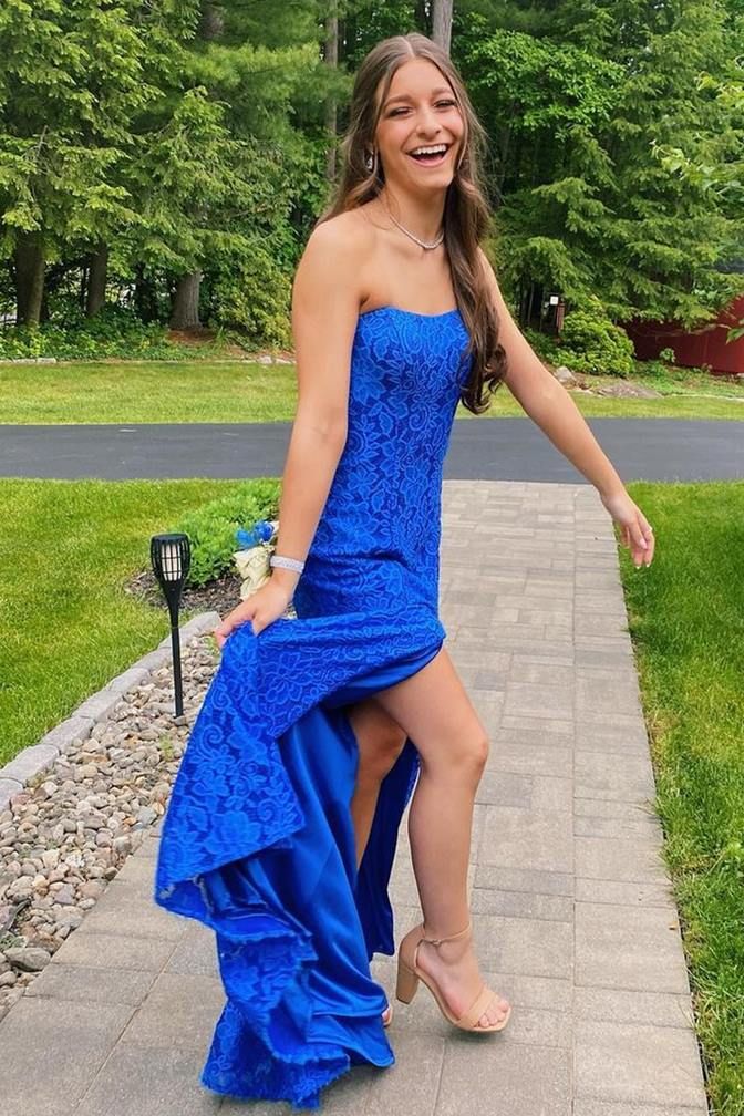 LTP1661,Elegant Lace Strapless Royal Blue Prom Dresses with Slit