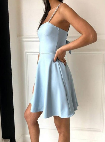 LTP0511,Light blue spaghetti straps mini prom dresses satin homecoming dress