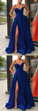 LTP0216,Royal blue a line prom dress spaghetti straps v neck evening formal gown