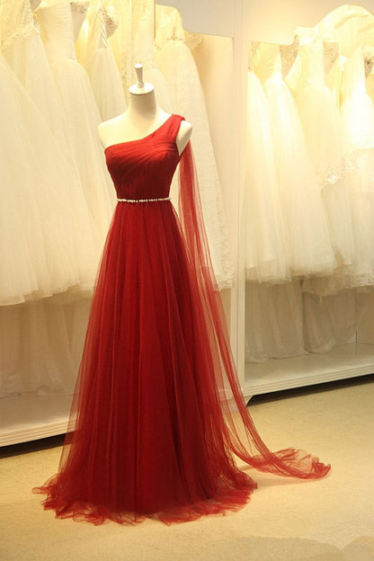 LTP0364,One shoulder tulle prom dresses beaded belt long prom dress evening formal gown with sash