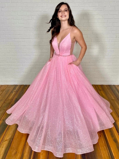LTP1700, Sparkle Pink A-Line Prom Dresses, Spaghetti Straps V-Neck Evening Formal Gown