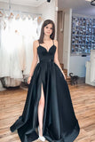 LTP1588,Spaghetti straps black a-line satin split prom dresses