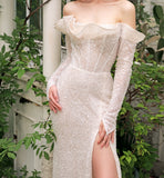 LTP1708, Gorgeous White Sequined Long Prom Dresses, Off the Shoulder Wedding Gown