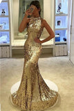 LTP0050,2022 Halter Mermaid/Trumpet Gold Sequence Prom Dresses
