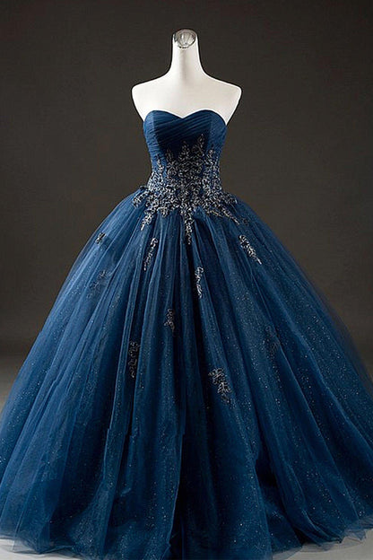 LTP0194,Elegant Navy Blue Sweet 16 Dresses Tulle Sweetheart Neck Long Formal Prom Dress With Lace Applique