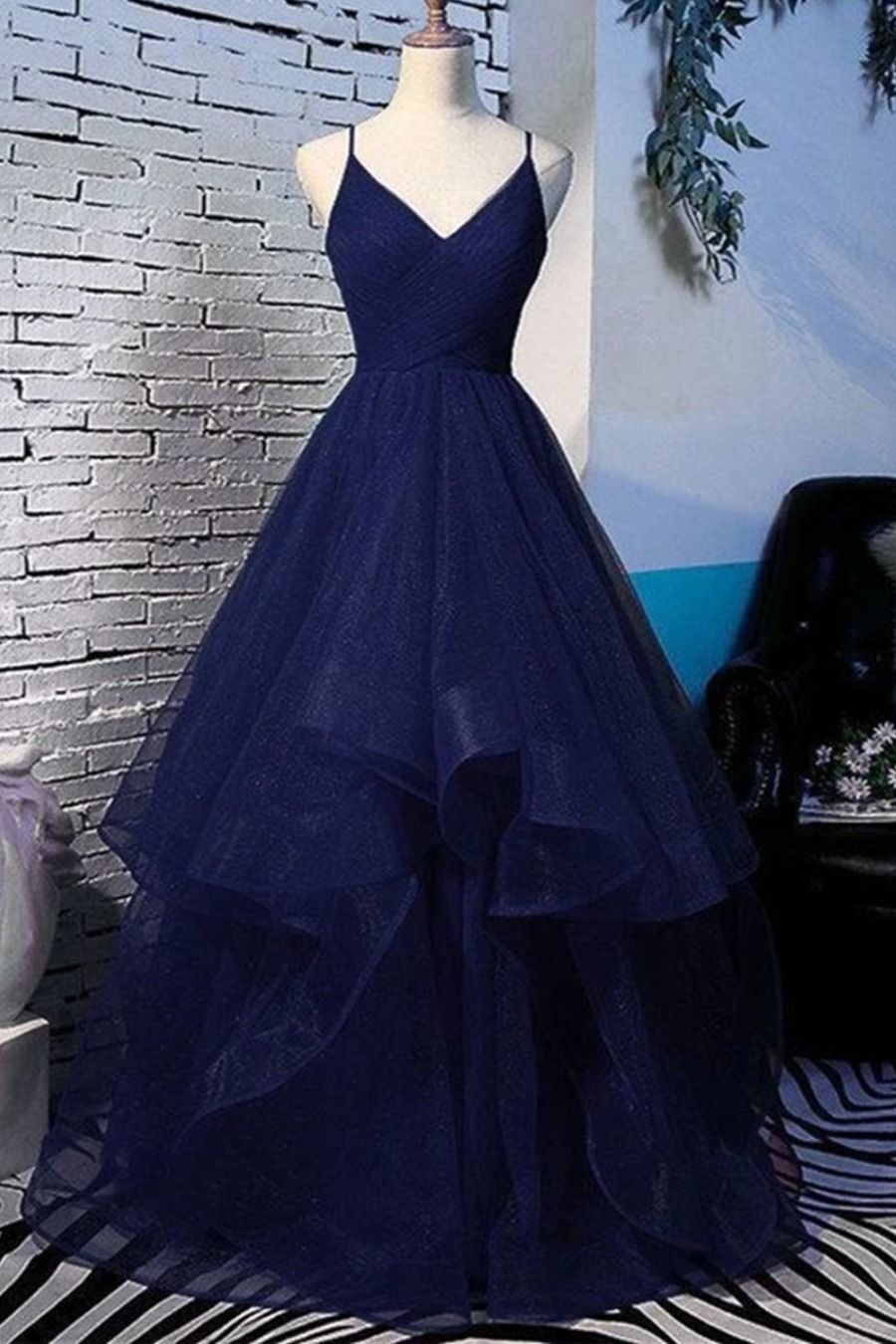LTP0015,Fluffy V Neck Navy Blue Long Prom Dress with Straps, V Neck Navy Blue Formal Dress, Navy Blue Evening Dress
