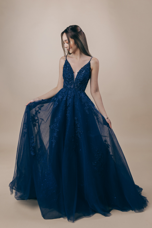 LTP1643,Dark Blue Lace Prom Dresses,Applique Tulle A-Line Evening Prom Dress