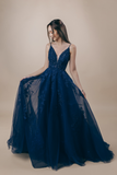 LTP1643,Dark Blue Lace Prom Dresses,Applique Tulle A-Line Evening Prom Dress