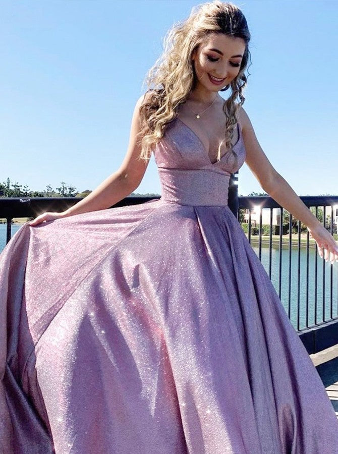 LTP0342,Sparkle Pink Long Prom Dresses Spaghetti Straps A-Line Ball Gown Evening Dress