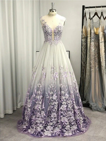 white prom dress with purple flowers White Tulle Ruffles Long 3d Flower Lace Applique Prom Dress