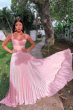 LTP1667,Pink A-Line Pleated Long Prom Dresses, Sleeveless Evening Gown