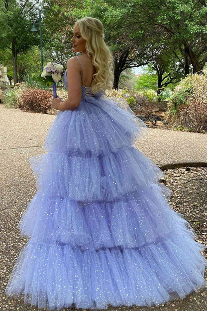LTP1051,Glitter Hi-Low Lavender Tiered Tulle Prom Dress