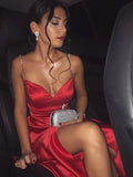 LTP0820,Red prom dresses,beaded split evening dresses,satin formal gown