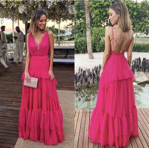 LTP1195,Elegant Hot Pink Evening Dresses,Long Chiffon Lace Prom Evening Dress