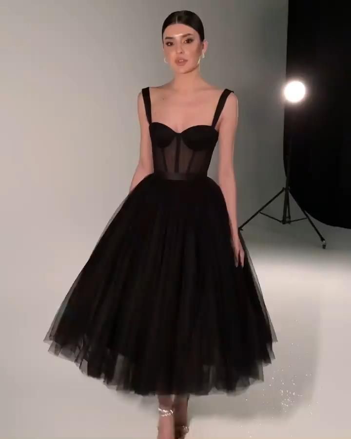 LTP0610,Black A-Line Tulle Tea Length Prom Dress Black Homecoming Dresses