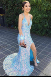 LTP0799,Light Blue Sequin V-Neck Backless Mermaid Long Formal Dress