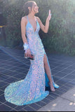 LTP0799,Light Blue Sequin V-Neck Backless Mermaid Long Formal Dress