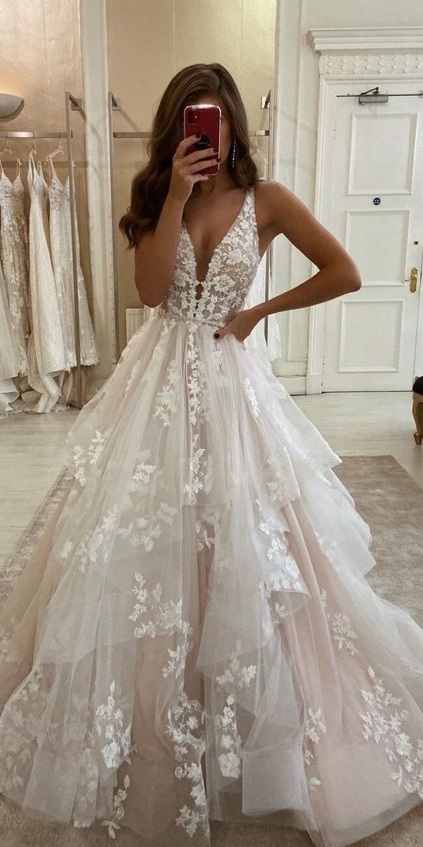 LTP0071,2024 V Neck Ivory Tulle With Embroidery Appliques Long Prom Dress, Light Pink Wedding Dress
