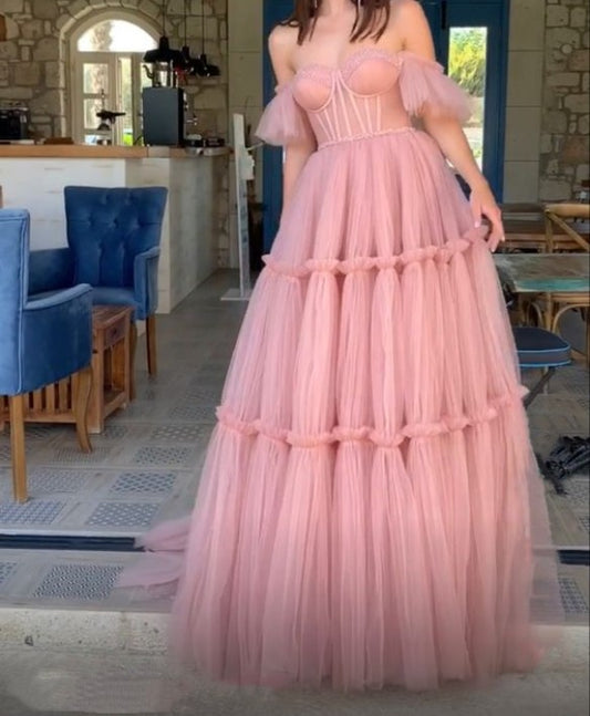 LTP1204,Pink Sweetheart Evening Prom Dresses,Tulle A-Line Prom Dress