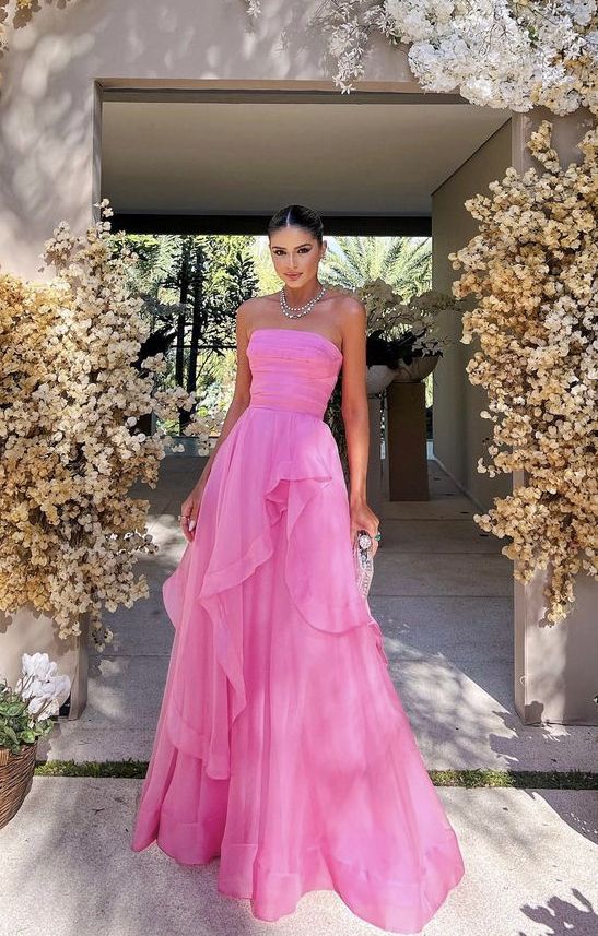 LTP1236,Simple Pink Strapless Prom Dresses,Sleeveless Pleated Evening Gown