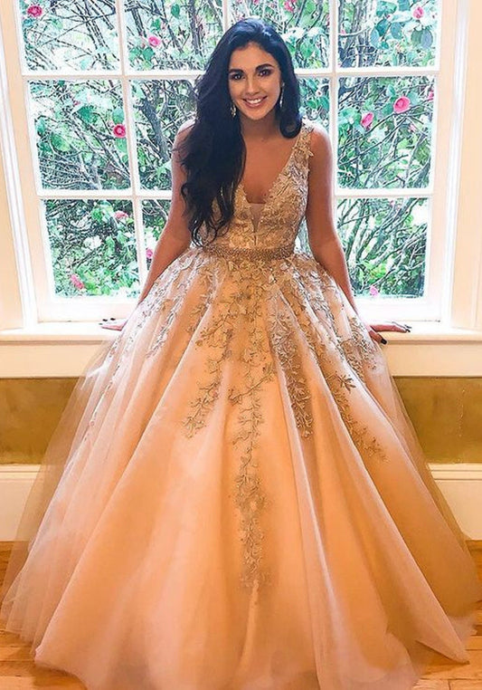 LTP0920,V-neck Tulle Long Prom Dresses with Appliques and Beading,Evening Dresses,Formal Dresses