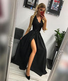 LTP0981,Black lace top satin prom evening dresses black prom dress with side slit