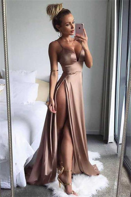 LTP0295,Spaghetti Straps Sexy Prom Dress High Split V Neck Evening Dresses